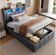 Łóżko z pojemnikiem 90x200 cm - Łóżko dziecięce z oświetleniem LED i ładowaniem USB - Zagłówek z półkami i schowkiem - Szary len