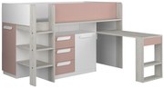 Łóżko na antresoli 90 x 200 cm - Z biurkiem i ze skrzynią - Różowy, naturalne drewno i biały - LOUKALA