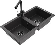 Mexen Mario zlewozmywak granitowy 2-komorowy z baterią kuchenną Duero, czarny nakrapiany - 6504-76-671600-70-B