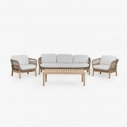 Zestaw Ogrodowy Karvia Z 3-osobową Sofą, 2 Fotelami I Stolikiem Kawowym Z Aluminium I Drewna Akacjowego Jasny Akacjowy Brąz & Tkaniny Biała - Sklum