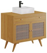 Szafka łazienkowa z jasnego drewna tekowego z plecionką i umywalką ceramiczną - 90 cm - MANSULAN