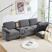 Nowoczesna sofa 3-osobowa - 266 x 136 x 82 cm - z 2 uchwytami na kubki + portem USB-C + szufladą + wyjmowanym pufem do przechowywania - aksamit - ciemnoszary