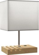 HOMCOM Lampka nocna, złącza USB, drewno, tkanina, przełącznik kołyskowy, przegródki, biały