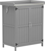 Outsunny Szafka Ogrodowa, Szafka na Narzędzia do Zewnętrznego Użytku, z Powierzchnią Roboczą, Drewno i Stal Nierdzewna, Podwójne Drzwi, Szary