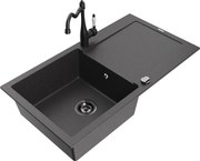 Mexen Leo zlewozmywak granitowy 1-komorowy z ociekaczem i baterią kuchenną Carla, czarny nakrapiany - 6501-76-670700-70-B