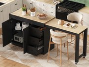 Centralna wyspa kuchenna - stół rozsuwany - z 1 portem USB i 1 portem Type-C - z półką na przyprawy i kółkami - Naturalny + Czarny