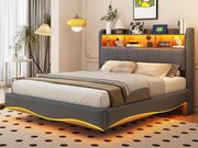 Łóżko dwuosobowe 140x200cm z tkaniny lnianej - wezgłowie z miejscem do przechowywania z LED i gniazdami - Szare