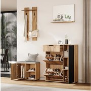 Komplet szaf przedpokojowych - 140 x 35 x 139 cm - z ławką i szafką na buty + 1 lustro + półka ścienna - płyta wiórowa - kolor naturalny + czarny