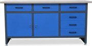 Duży stół warsztatowy z szafkami i szufladami Henry antracytowo-niebieski