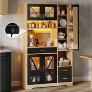 Kredens kuchenny w stylu stodoły Hayt - 105 x 40 x 185 cm - z półkami + szufladami + diodami LED + drzwiami - MDF - czarny + naturalny