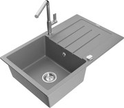 Mexen Bruno zlewozmywak granitowy 1-komorowy z ociekaczem i baterią kuchenną Flora, szary - 6513-71-670401-00