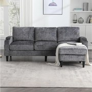 Szara, 4-osobowa sofa modułowa Chenille z pufem ze schowkiem, uchwytami na kubki i kieszeniami bocznymi – do salonu