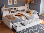 Łóżko-ława 90x200 cm - z 2 szufladami - z półkami i szafkami do przechowywania - MDF - Białe (bez materaca)