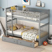 Łóżka piętrowe dla dzieci - 2x90x200 cm - 2 szuflady - rama sosnowa szara - stelaż z listew - barierki zabezpieczające - MERAX