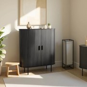 Komoda Wysoka Rozsuwana TRISH 100 cm Czarna Dwudrzwiowa Ryflowana Nowoczesna