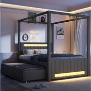 Łóżko tapicerowane z baldachimem - 140 x 200 cm - z łóżkiem wysuwanym 90 x 190 cm + 3 szuflady + oświetlenie LED - len + płyta MDF - szary