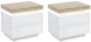 Zestaw 2 szafek nocnych - 2 szuflady - Lakierowana płyta MDF - Z oświetleniem LED - Biały i dąb - HALO II