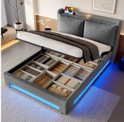 Łóżko z pojemnikiem 160x200 cm, łóżko małżeńskie z USB i LED, tapicerowany zagłówek - szary aksamit (bez materaca)