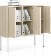 Szafa biurowa FRAME, niska, podstawa biała, 3x drzwi, 1299 x 450 x 1331 mm, PUSH-lock, dąb naturalny