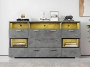 Bufet niski z oświetleniem LED - 2 drzwi, 3 szuflady i kilka otwartych przegrodów - Szary