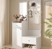 Zestaw wieszakowy do przedpokoju 105x38x180 cm - z lustrem - z regulowanymi hakami - 2 szuflady i 1 drzwi - Biały