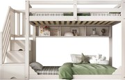 Łóżko piętrowe 90x200cm - z drabiną z pojemnikami i półkami - z 2 szufladami - Lite drewno + płyta wiórowa - Biały​ (bez materaca)
