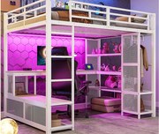 Łóżko na antresoli z metalu 140x200 cm - z biurkiem i półkami - z otwartym wieszakiem - Port USB i oświetlenie LED - Biały​ (bez materaca)