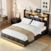 Łóżko podwójne 160x200 cm z czarnej skóry PU z hydraulicznym schowkiem, wbudowanym oświetleniem LED i portami USB, nowoczesny design