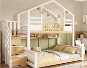 Łóżko piętrowe 90x200 cm + 140x200 cm - design domku - z drabinką z miejscem do przechowywania i półkami - lite drewno + MDF - biały + naturalny (bez materaca)