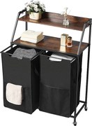 Kosz na Pranie SucceBuy 2-Poziomowy Sorter na Pranie z Kółkami, 2-Komorowym Koszem na Pranie, Metalową Ramą, Drewnianym Blatem, Półką i Workami z Tkaniny