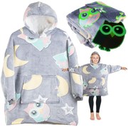 Dziecięca świecąca bluza kocowa z rękawami i kapturem SHINING OWL szara