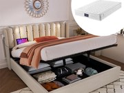 Łóżko ze schowkiem 160 x 200 cm - lampka do czytania i USB - tkanina lniana - kolor naturalny + materac