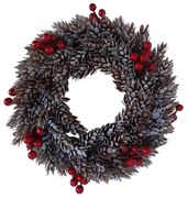 Wieniec plastikowy pokryty szronem, szyszki i czerwone jagody, śr. 26 cm