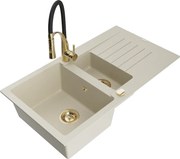 Mexen Matias zlewozmywak granitowy 1,5-komorowy z ociekaczem i baterią kuchenną Aster, beżowy - 6502-69-73450-57-G