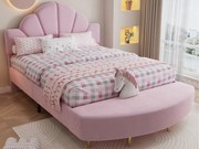 łóżko dziecięce 140x200 cm - z ławką w nogach łóżka - z stelażem lamelowym - Welur + sklejka - Różowy (bez materaca)