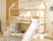 Łóżko piętrowe dla dzieci 90×200 cm - ze zjeżdżalnią - z drabiną bezpieczeństwa - z 3 szufladami - naturalne (materac nie jest zawarty