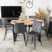 Zestaw Stół Okrągły Rozkładany HARRY 102-142 cm Dąb Craft/Czarny i 6 Krzeseł Tapicerowanych ROBIN Szarych Nowoczesnych