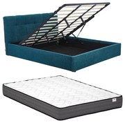 Łóżko ze skrzynią 180 x 200 cm - Tkanina z bukli - Morski niebieski + Materac - MAZIRI