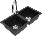 Mexen Mario zlewozmywak granitowy 2-komorowy z baterią kuchenną Elia, czarny - 6504-77-670101-00