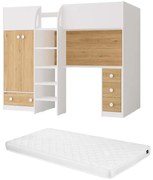 Łóżko antresola 90 x 190 cm z szafą i biurkiem - Biały i naturalny + Materac - CINAMO