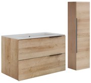 Szafka łazienkowa wisząca z umywalką do zabudowy i kolumną - Jasny naturalny - 80 cm - NISAYA