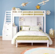 Łóżko piętrowe dla dzieci z półką do przechowywania - 90 x 200 cm + 140 x 200 cm - schody i wyjmowany stolik nocny - lite drewno + MDF - białe