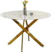 Okrągły stół jadalniany z hartowanego szkła – Efekt białego marmuru i złoty metal – dla 4 osób – CHIARA