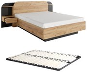 Łóżko z szafkami nocnymi 160 x 200 cm - Z oświetleniem LED - Naturalny i czarny + Stelaż - JUVISIA
