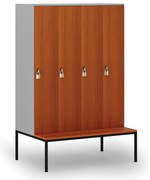 Drewniana szafa ubraniowa S4 z ławką, 4-drzwiowa, 1871 x 1200 x 500/800 mm, demontaż, zamek obrotowy, szary/czereśnia