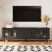 Czarna szafka RTV z 4 drzwiami i 2 szufladami, czarne drewniane nogi - do salonu i biura