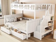 Łóżko piętrowe 90/140x200 cm z litego drewna - z schodami do przechowywania i 2 szufladami - Białe