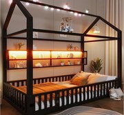 Łóżko dziecięce z metalu 90x200 cm - Wzór domku - z barierką bezpieczeństwa - z oświetleniem LED - Czarny​ (Materac nie jest wliczony w cenę)