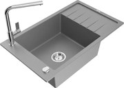 Mexen Elias zlewozmywak granitowy 1-komorowy z ociekaczem i baterią kuchenną Flora, szary - 6511-71-670401-00