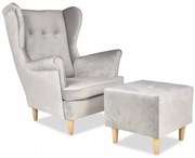 Fotel Uszak z pufą siwy jasnoszary AKSAMIT prezent